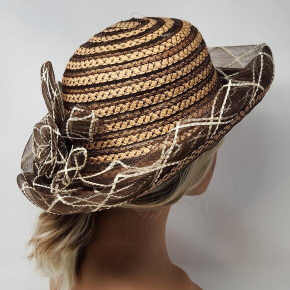 Vintage Brown Tan Wide Brim Straw Summer Sun Hat with Woven Ribbon Flower - Picture 4 of 5